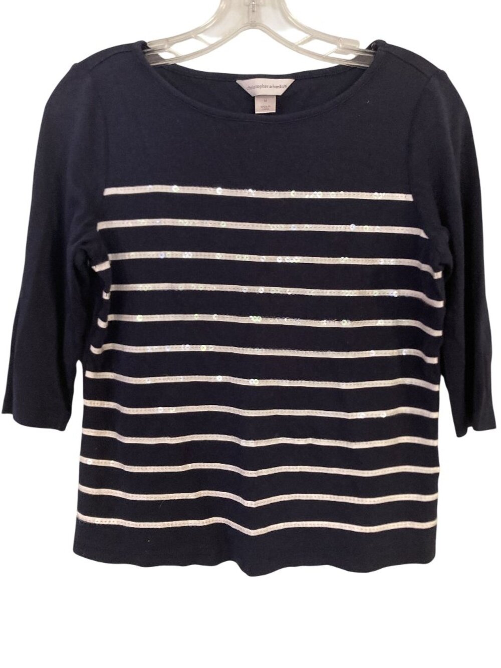 Christopher & Banks Navy Striped Sequin Embellished 3/4 Sleeve Cotton Top Womens